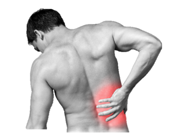 Photo d'un homme ayant une douleur dans le bas du dos représenté par une zone rouge